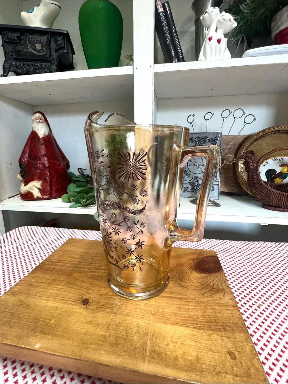 Vintage pitcher peach luster iridescent brown decor grandma core glass